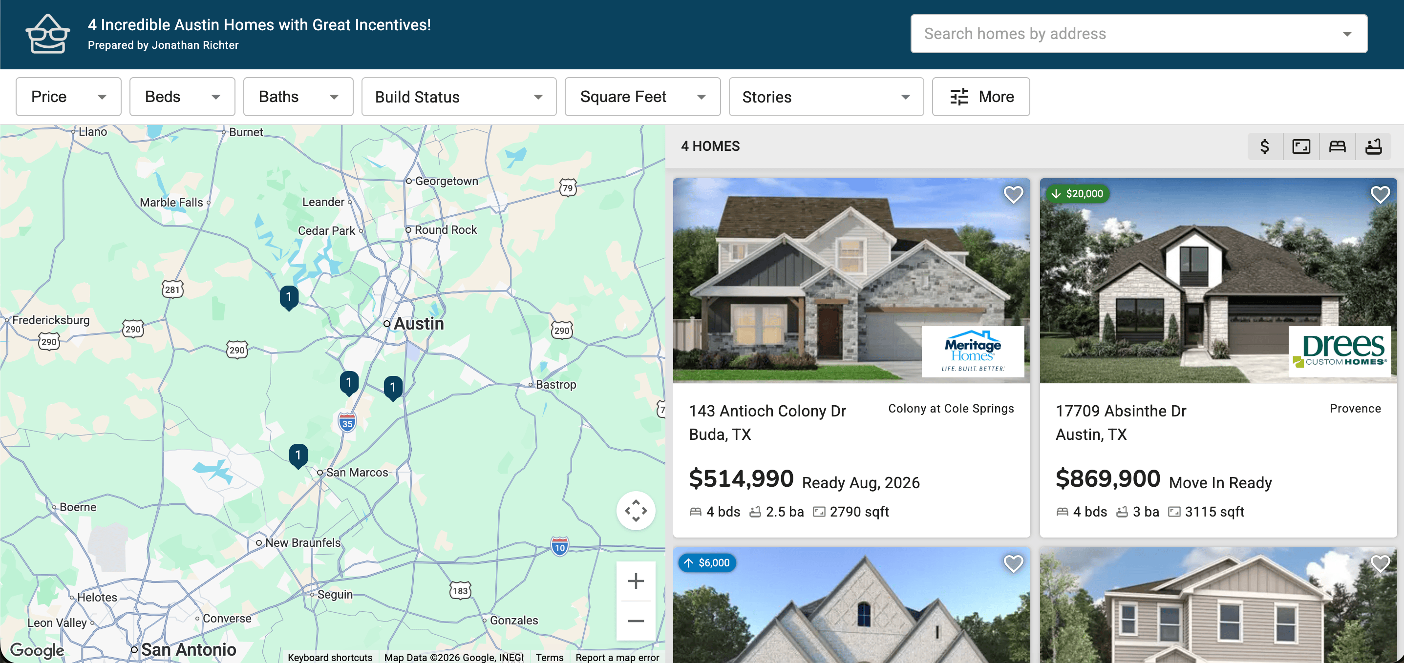 Screenshot of New Home Buddy showing client view of a Pick Homes search