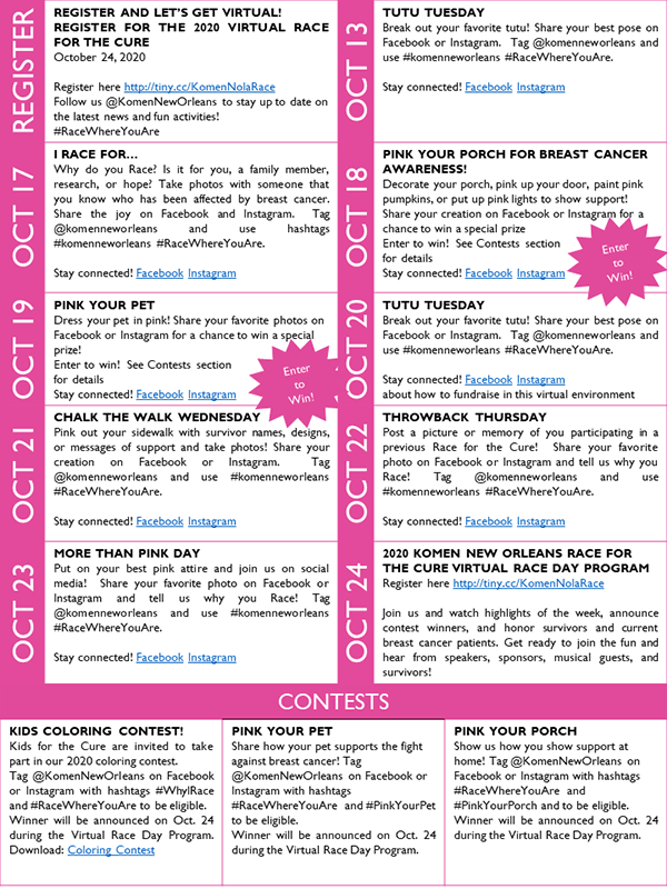 Susan G Komen New Orleans 2020 Komen New Orleans Virtual Race For The Cure Race Day Schedules