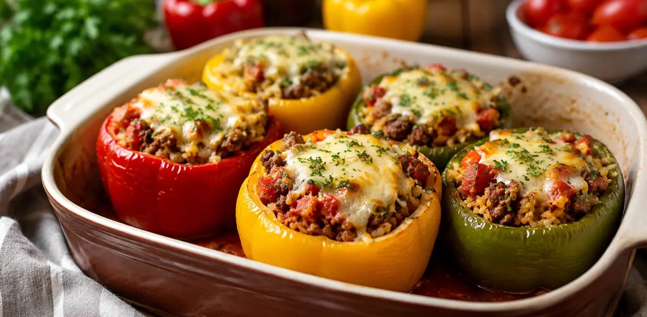 Oven-baked stuffed capsicums filled with seasoned beef mince, rice, tomato sauce and melted cheese in a baking dish.