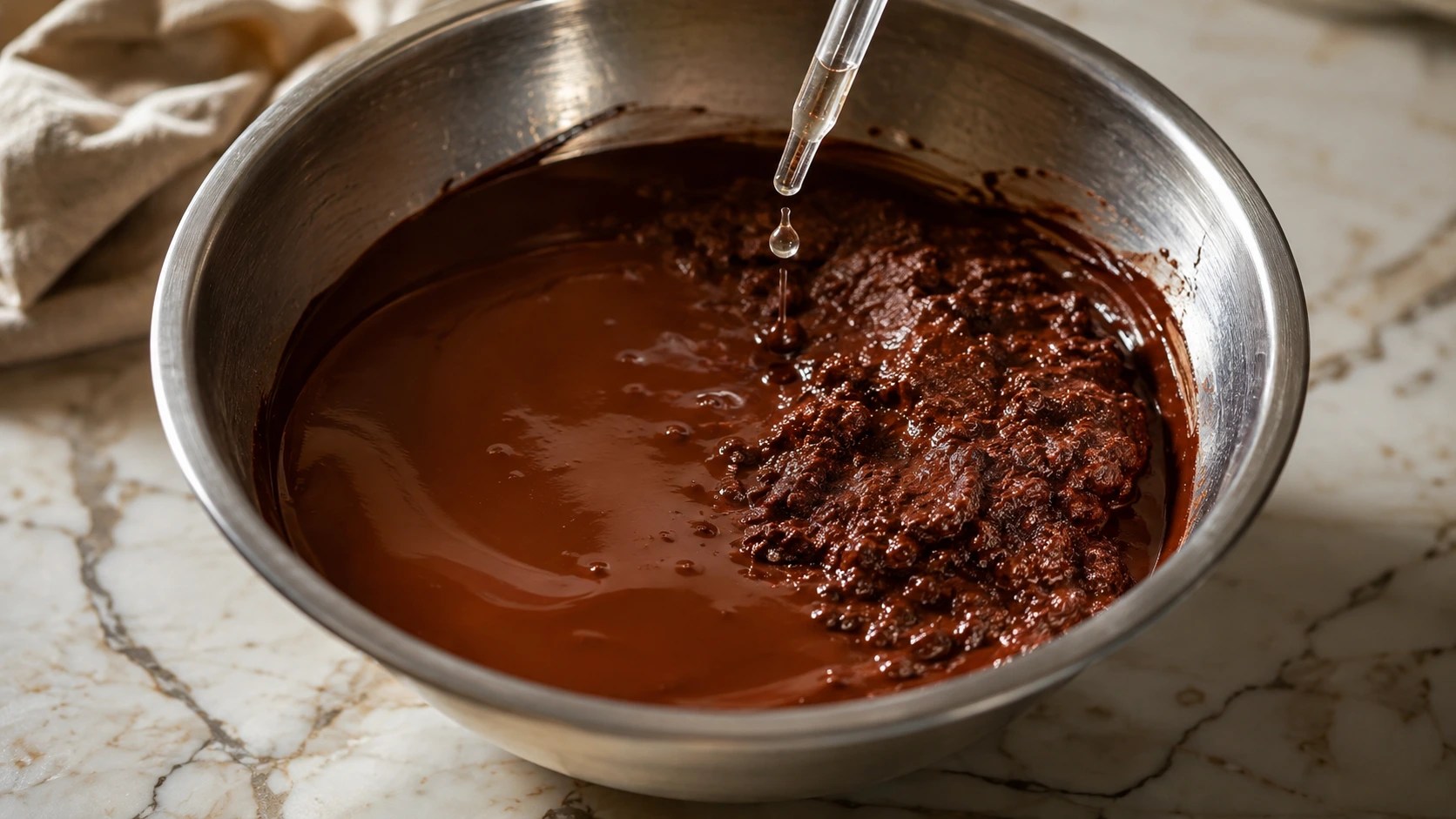 Melted dark chocolate mid-seize after a drop of water showing the grainy clumped texture next to smooth chocolate