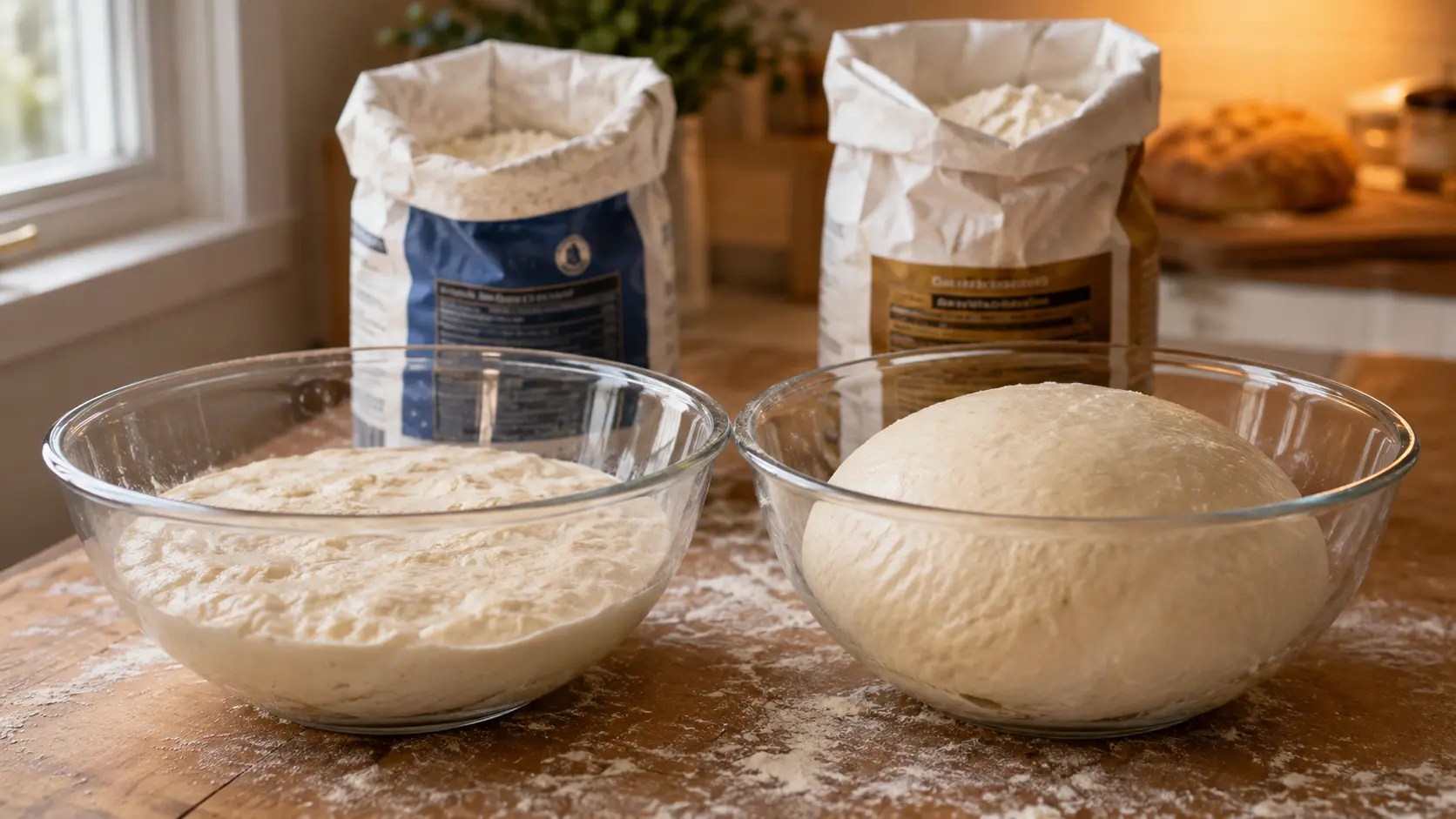 Two bread doughs side by side on a floured counter, one slack and one holding shape, from two flour brands at the same protein percentage, demonstrating that flour brand affects baking results beyond protein content