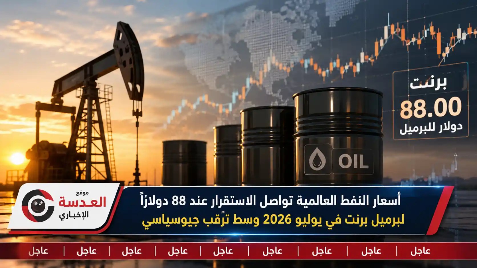 شاشة عرض أسعار النفط العالمية لخام برنت وخام غرب تكساس الوسيط في أسواق الطاقة العالمية يوليو 2026