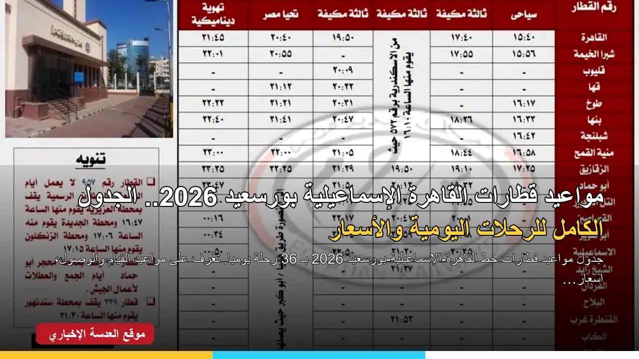 جدول مواعيد قطارات القاهرة الإسماعيلية بورسعيد من هيئة سكك حديد مصر 2026