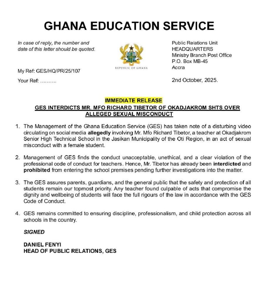 The Ghana Education Service has interdicted the license of the teacher in the recent video from Okadjakrom in the Oti Region. GES Interdicts Okadjakrom Senior High Teacher over his video with a Student