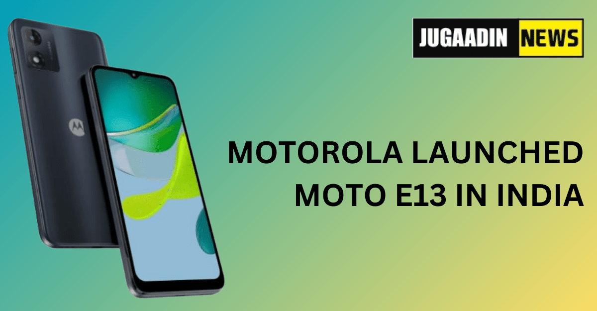 THE FEATURE HAS PICTURE OF MOTO E13 LATEST LAUNCHED SMARTPHONE. LOGO OF JUGAADIN NEWS IS THERE IN THE RIGHT CORNER