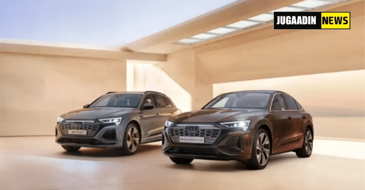 THE FEATURE HAVE LOGO OF JUGAADIN NEWS AND PICTURE OF AUDI Q8 e-tron ELECTRIC SUV