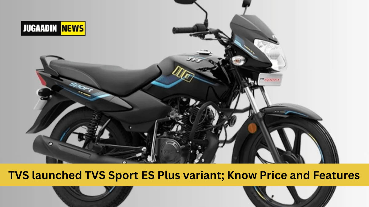 TVS Sport ES Plus commuter bike in black with blue graphics, launched in India, showcasing sleek design and alloy wheels.