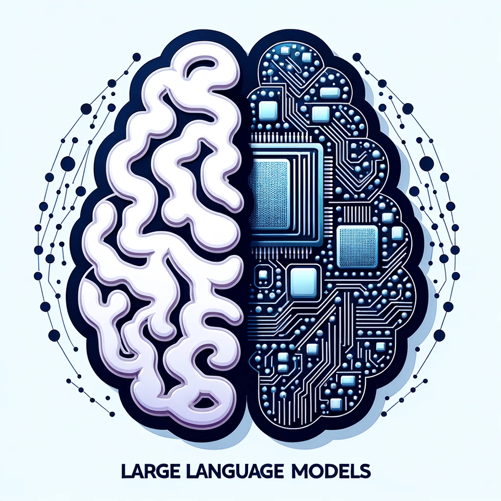 DALL·E 2023-10-17 08.45.05 - Vector image of a computer chip morphing into a brain, representing the blend of technology and cognitive processing. The words 'Large Language Models