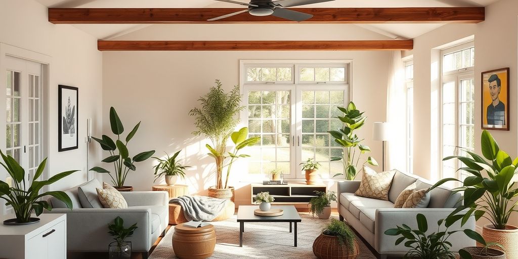 Harmonious living room with natural light and green plants.