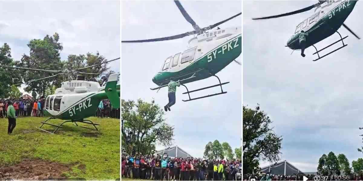 Shock as Man Clings to Helicopter Mid-Air in Daring Public Stunt
