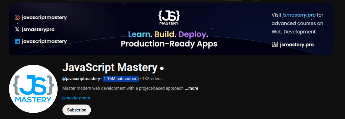 On the list of top tech influencers, the last one is JavaScript Mastery, which is a YouTube channel teaching modern web development using JavaScript with real-world examples and projects.