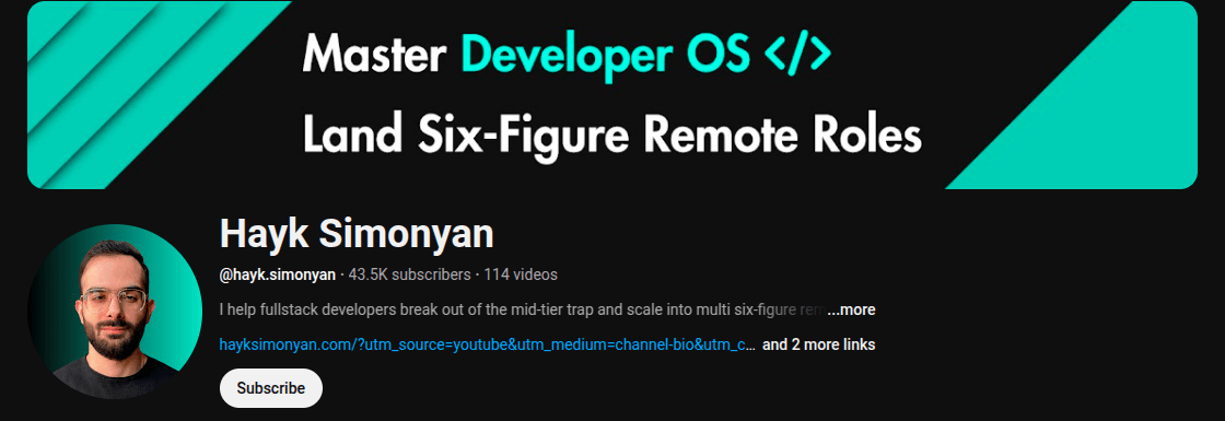 Hayk Simonyan is a YouTube creator and one of the best tech influencers, who focuses on empowering full-stack developers. His channel is a blend of technical content and career advice.