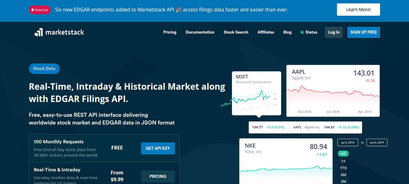 The Market Stack API is a RESTful, JSON-based API that provides real-time, intraday, and historical updates related to stock markets, financial markets, and market data across numerous global exchanges.