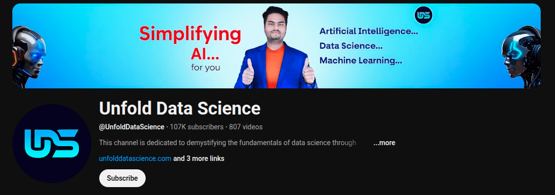 This YouTube Channel is run by Manav, a data scientist and an educator, simplifying data science concepts for learners. He makes complex topics easily understandable and helps people break into the data science field, regardless of their academic or professional background.
