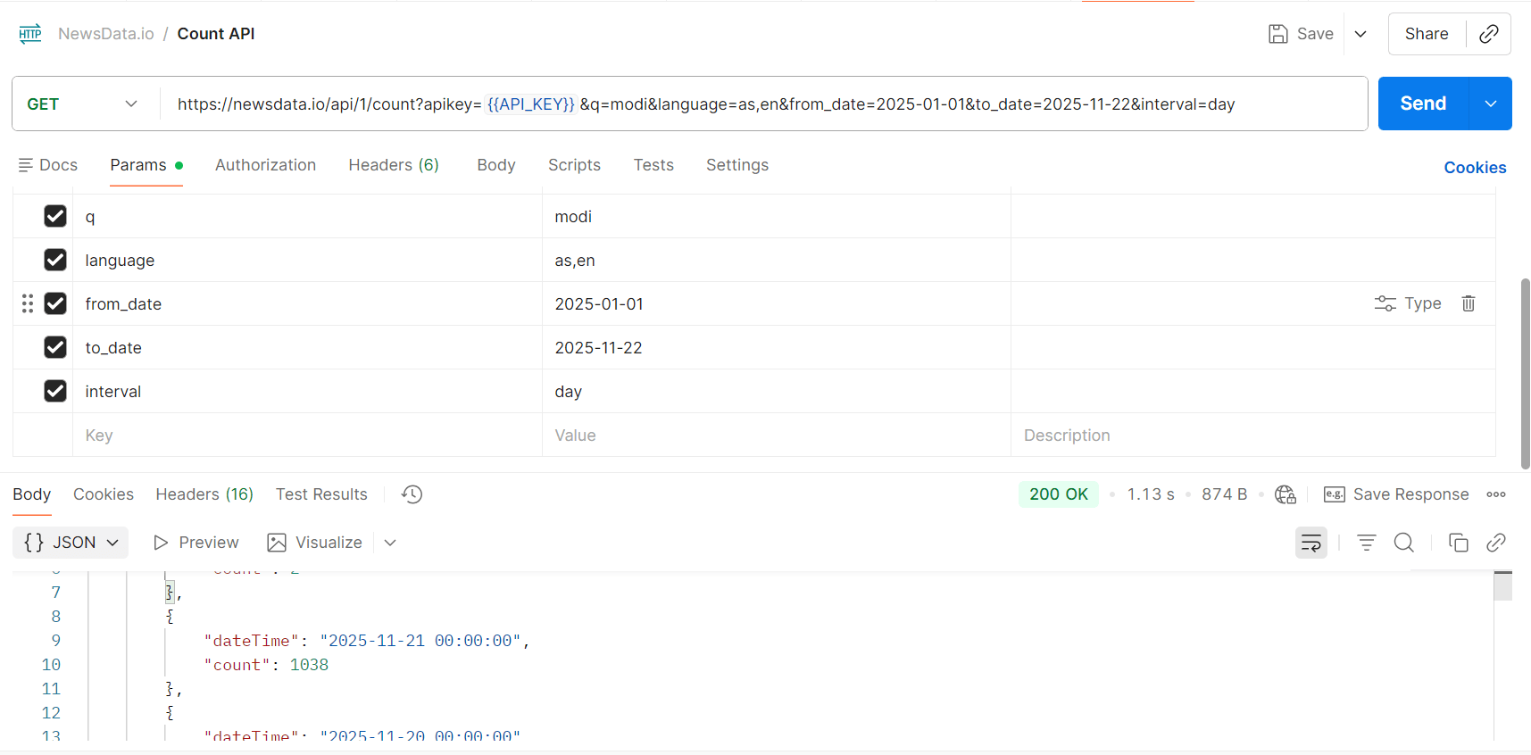 Parameters used in the above example are query= modi and language= Assamese and English. Along with that, we have applied the mandatory parameters for the count endpoint, which are from_date and to_date. Here, the interval parameter is used as ‘interval=day’. This parameter returns daily grouped article counts.