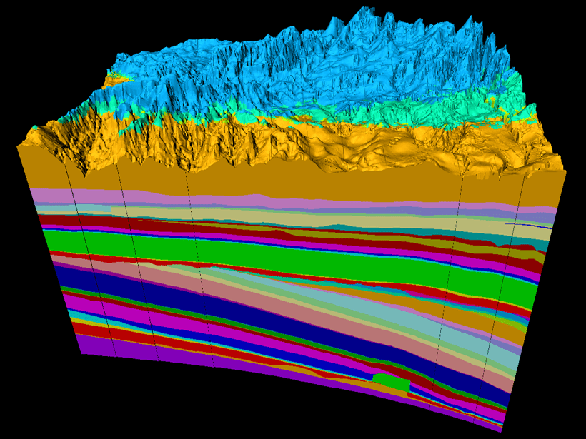 3-D stratigraphic model of western Alberta helps researchers visualize bedrock topography and subsurface formations