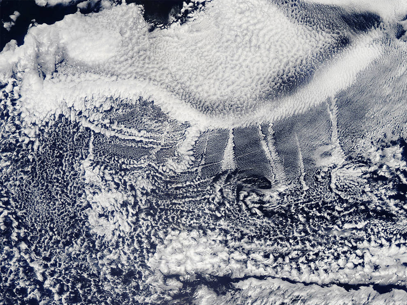 Ship tracks (linear cloud features) seen over the Pacific Ocean.