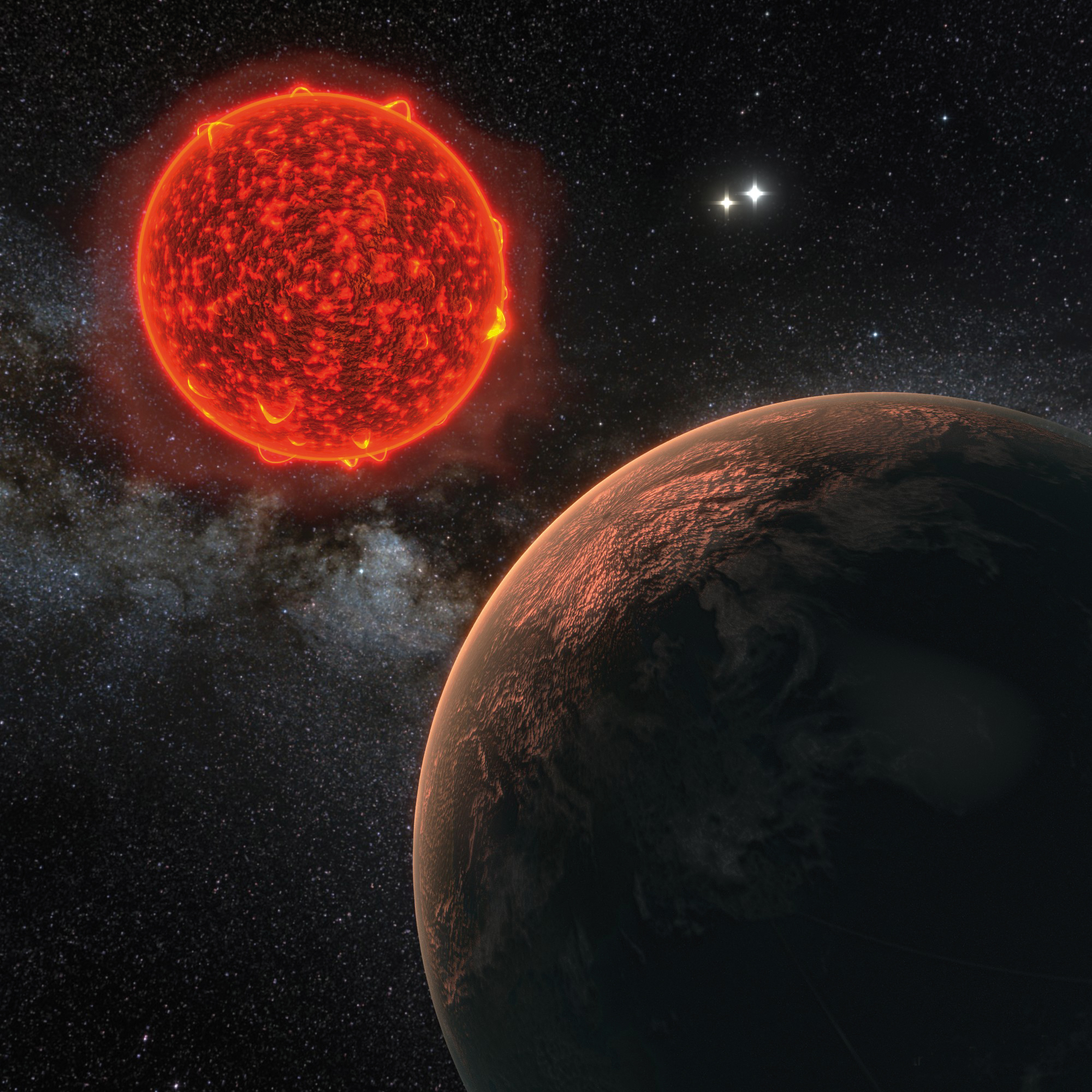 A rocky planet near a red star with two stars in the background