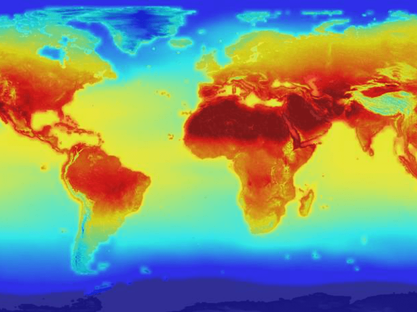 World map showing a climate simulation with hotter forecasts shaded red and cooler forecasts shaded blue