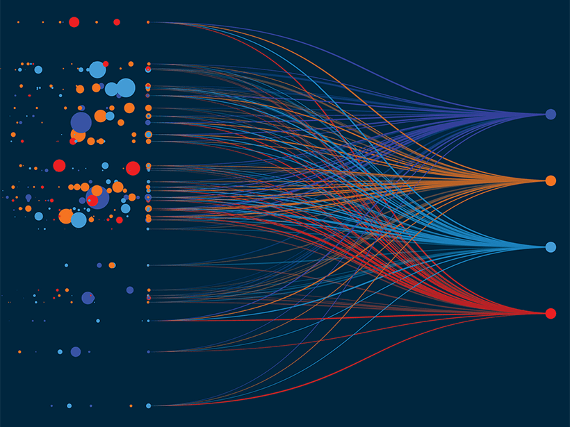 An abstract illustration showing many points of data being sorted along streams.