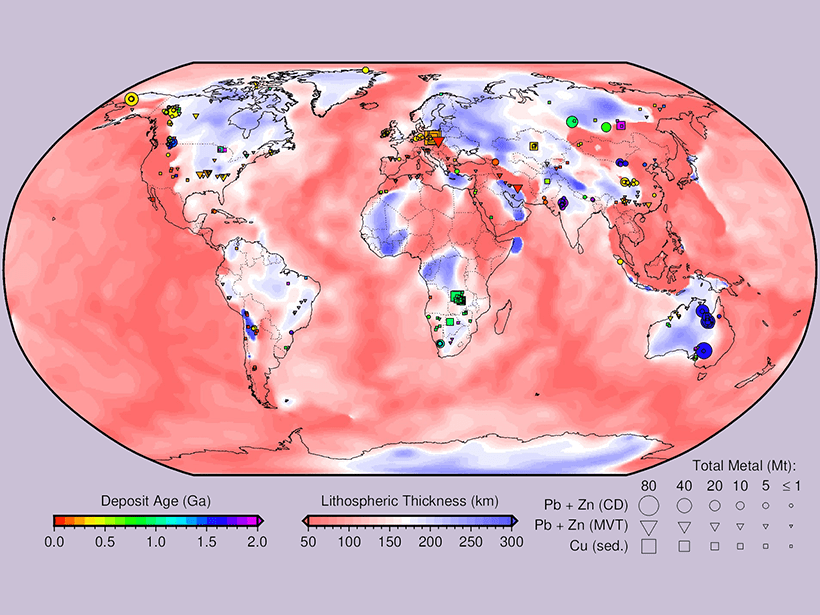 Colored map of cratons and framing sedimentary basins
