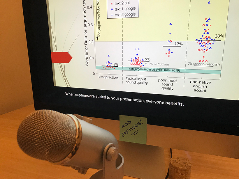 A large microphone sits in front of a computer monitor displaying a graph on captioning