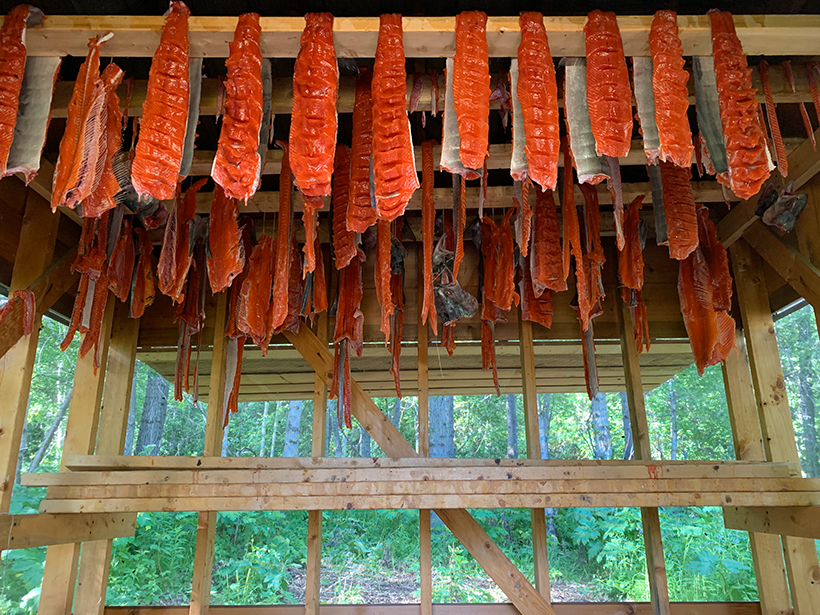 Salmon in a smokehouse