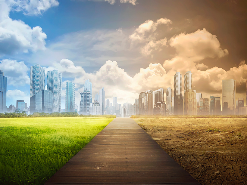 Illustration of a timber pathway foregrounded by a green lawn on the left and parched landscape on the right