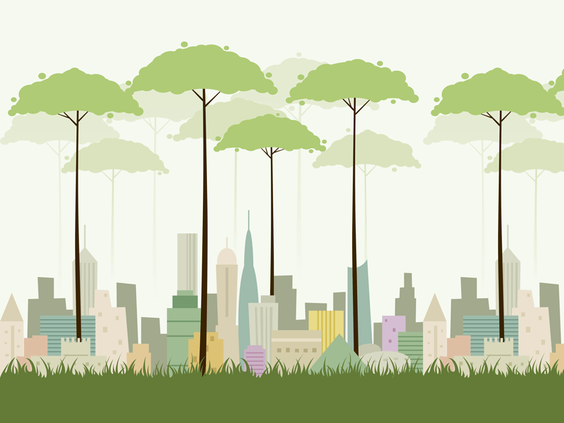 An illustration of trees towering over a city
