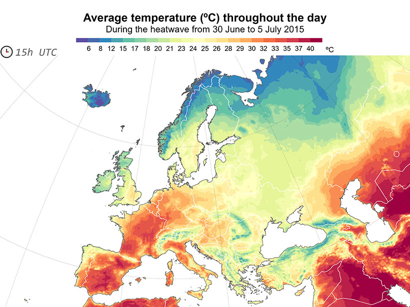 Average temperature throughout the day in Europe during the heatwave from 30 June, 2015 to 5 July, 2015