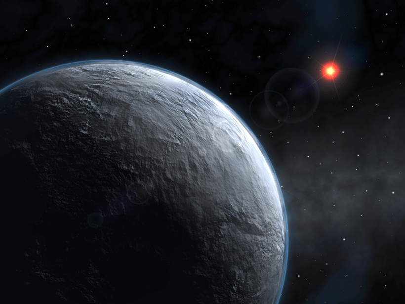 Illustration of a small, mottled, cold exoplanet, with its host star in the background.