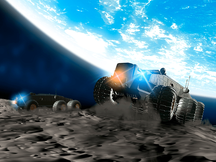 Computer artwork of two transportation vehicles on the Moon, with the Earth visible in the sky above