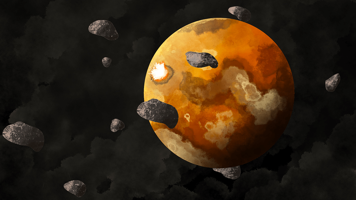 A protoplanet is covered by magma oceans and surrounded by a field of planetesimals.