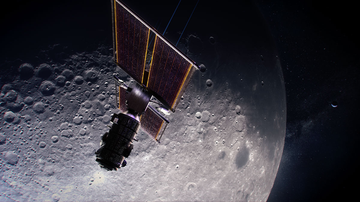Close-up of the Artemis Gateway in front of the Moon.