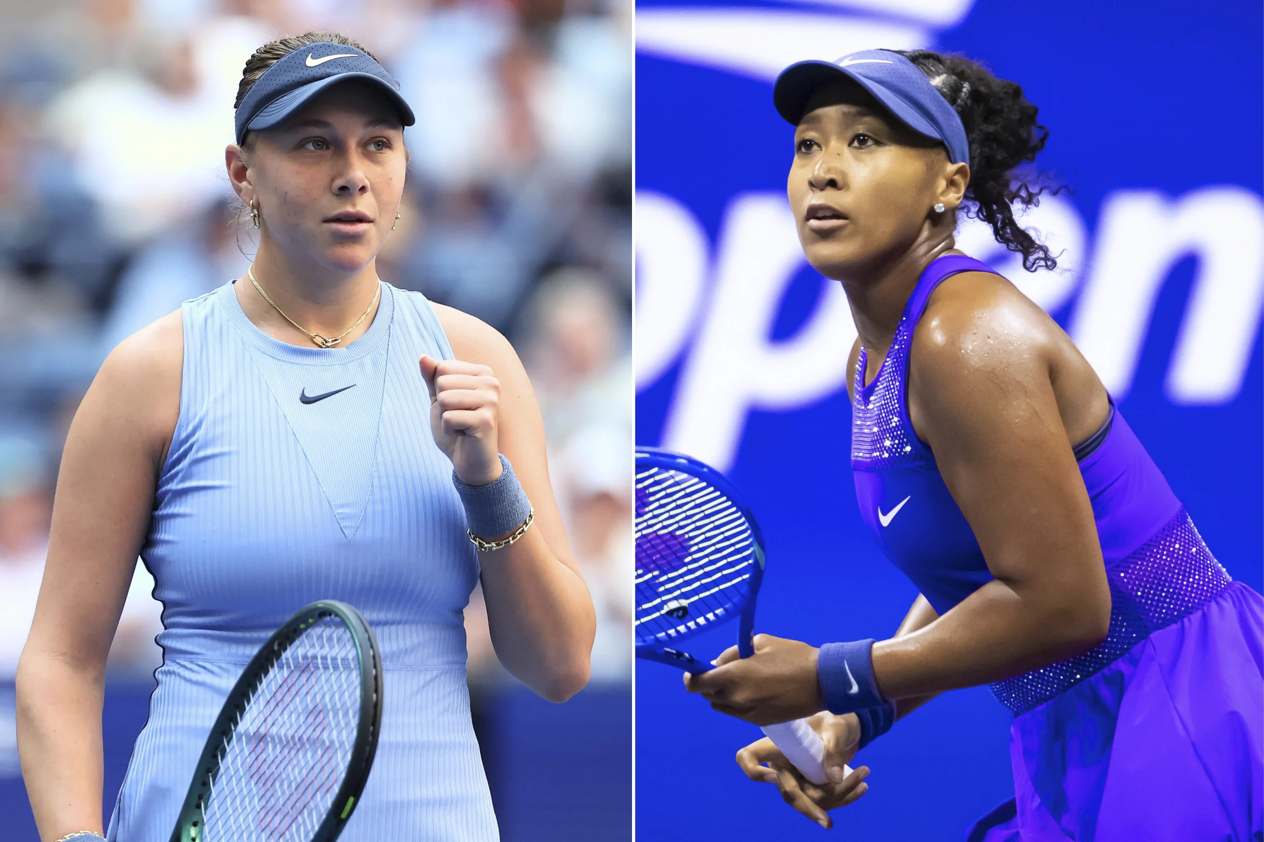 Side-by-side photos of Amanda Anisimova and Naomi Osaka.