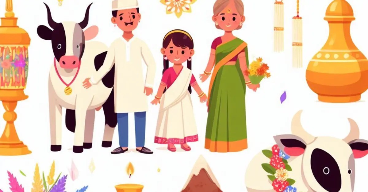 A collage of images that show cows, lamps, flowers, sweets, and people celebrating the festival of Vagh Baras, Vasu Baras, or Govatsa Dwadashi.