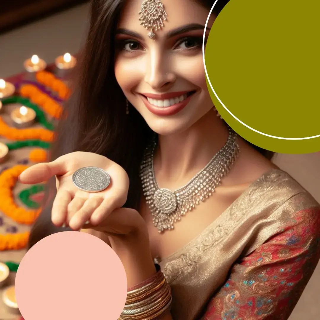 A woman holding a silver coin and smiling on Dhanteras 2023. Visit www.newspatron.com to read more.