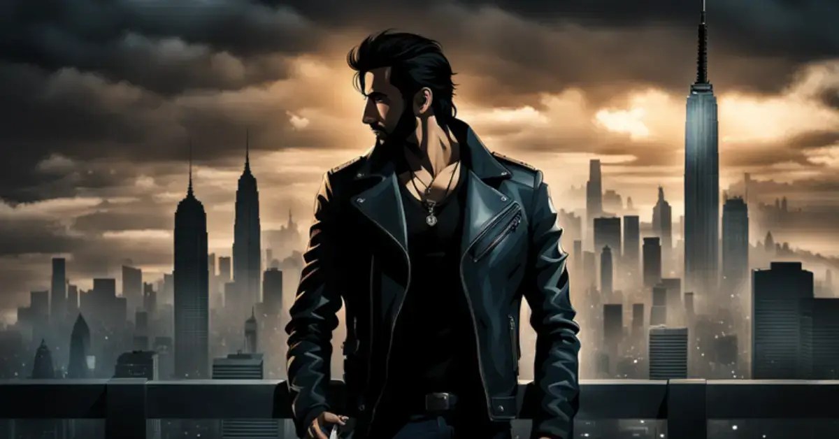 A silhouette of Ranbir Kapoor standing in front of a dark and cloudy sky with a cityscape in the background and the title of the film Animal 2023 on the top