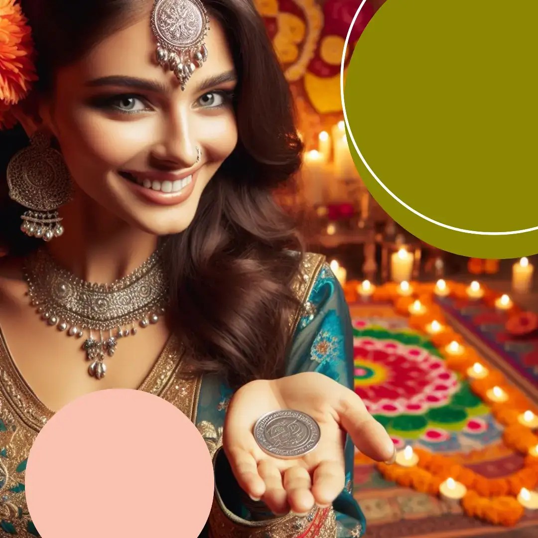 A woman holding a silver coin and smiling on Dhanteras 2023. Visit www.newspatron.com to read more.