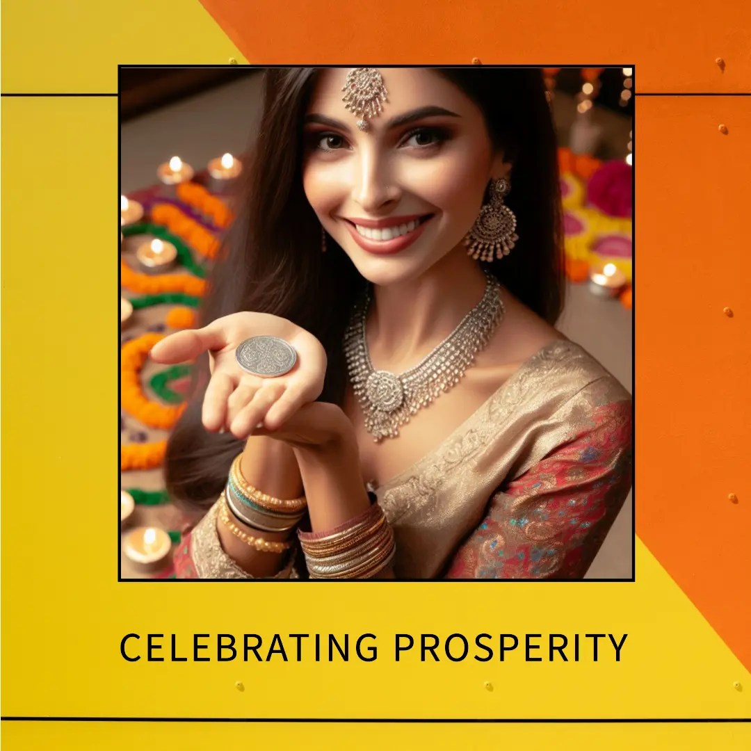 A woman holding a silver coin and smiling on Dhanteras 2023. Visit www.newspatron.com to read more.