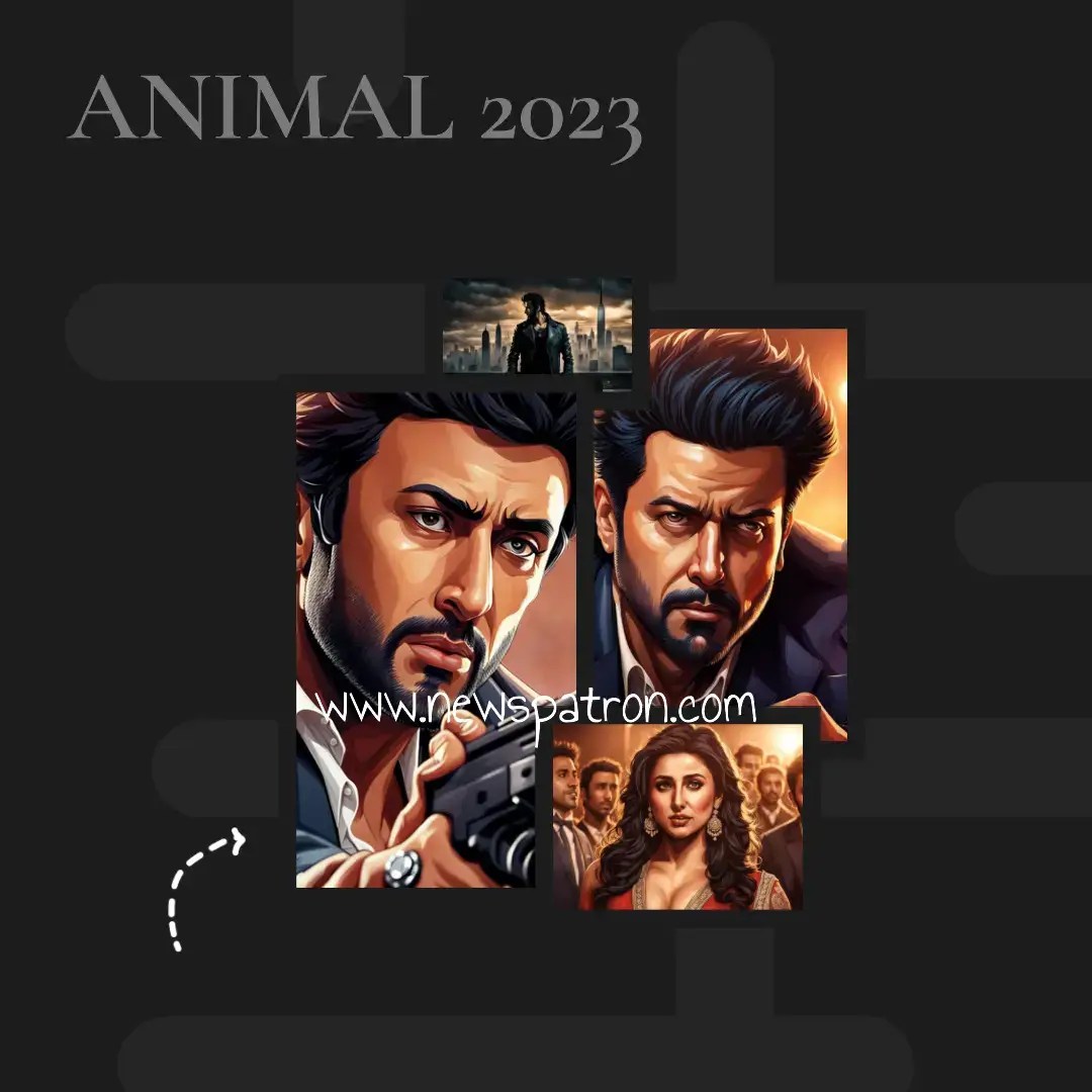 Ranbir Kapoor’s face with blood splattered on his forehead and the title of the film Animal 2023 on the top left corner