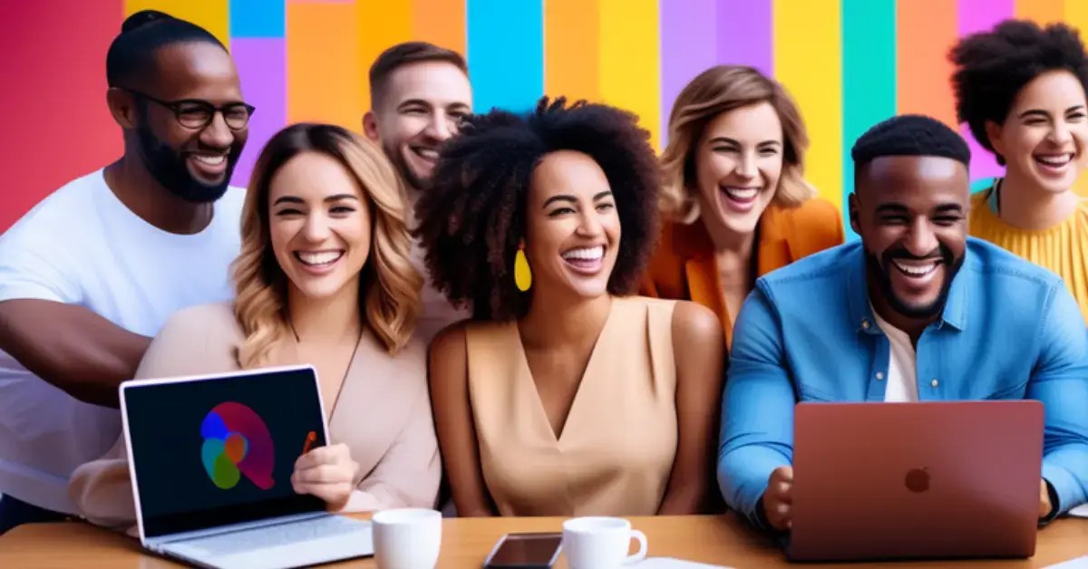 A photo of a group of people with laptops, tablets, smartphones, and headphones, with the words “Google Gemini” at the bottom.