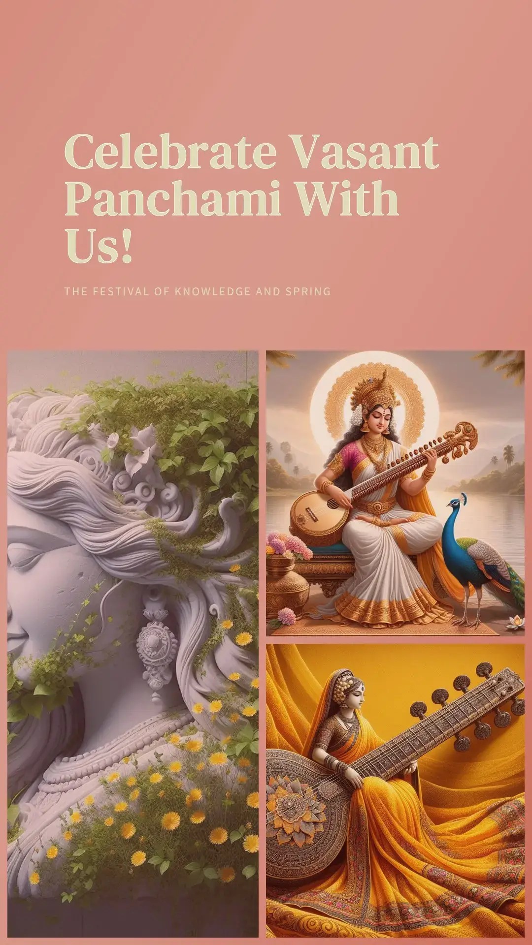 Vasant Panchami celebration featuring a traditional yellow sari and a veena musical instrument, symbolizing the Hindu goddess Saraswati.