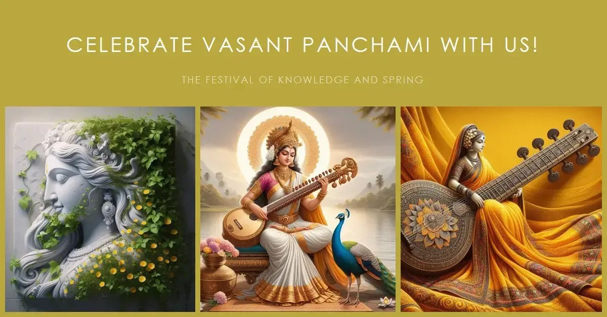 Vasant Panchami sari and veena, representing Saraswati, goddess of wisdom