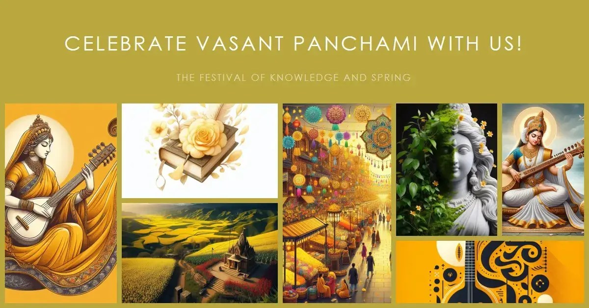 Vasant Panchami celebration featuring a traditional yellow sari and a veena musical instrument, symbolizing the Hindu goddess Saraswati.