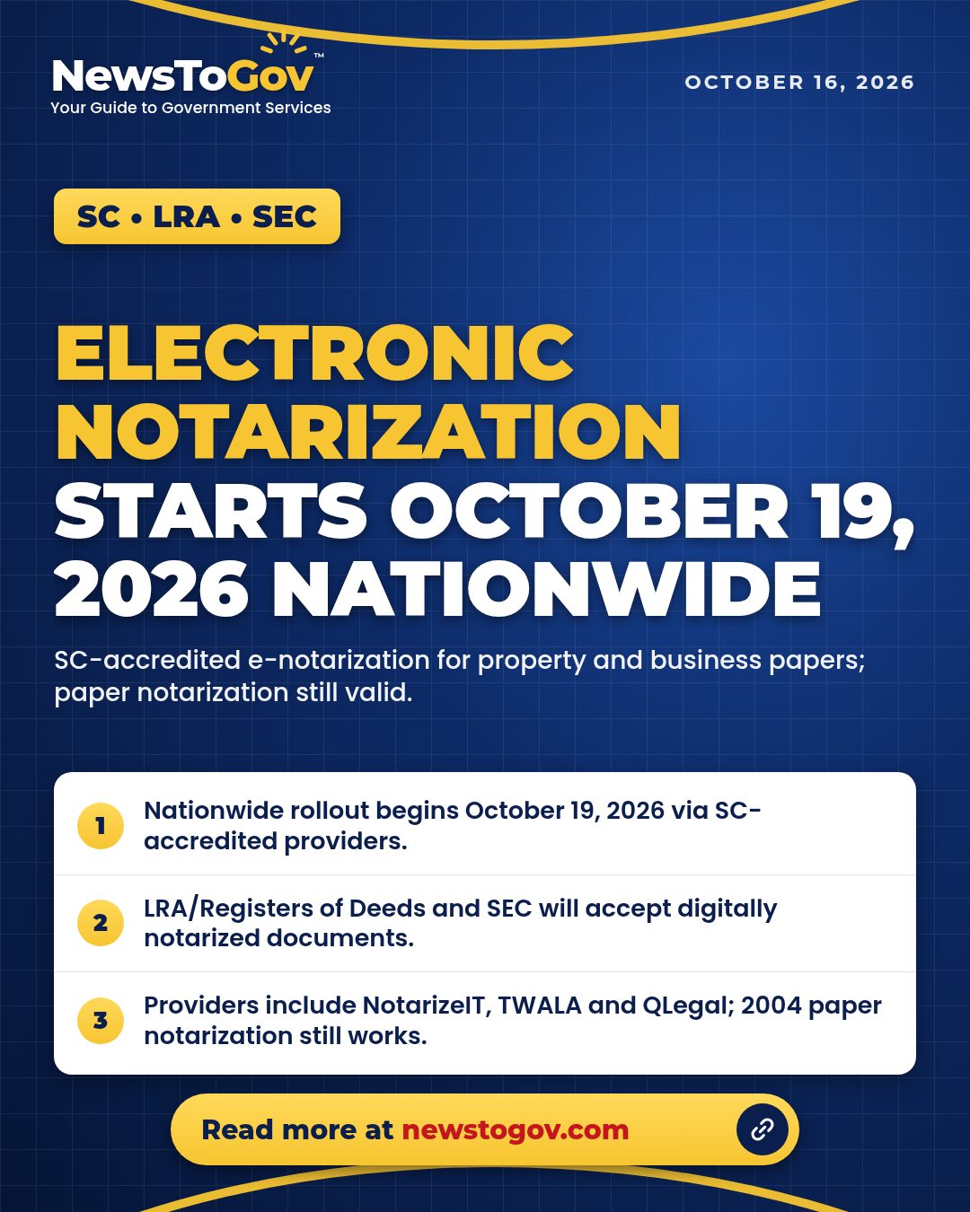 NewsToGov graphic: Electronic notarization starts October 19, 2026 nationwide via SC, LRA and SEC
