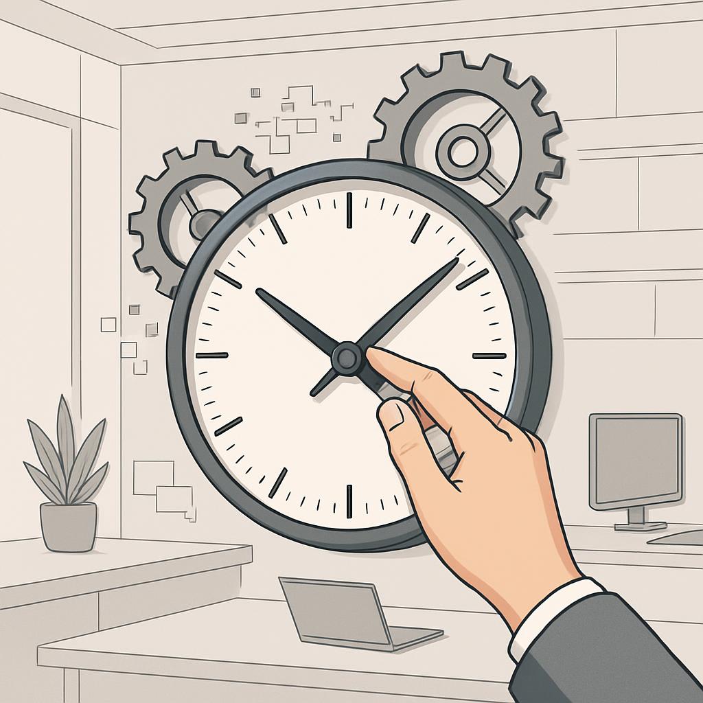 An office setting with a large wall clock being manipulated by a hand, surrounded by gears and a laptop and desktop computer.