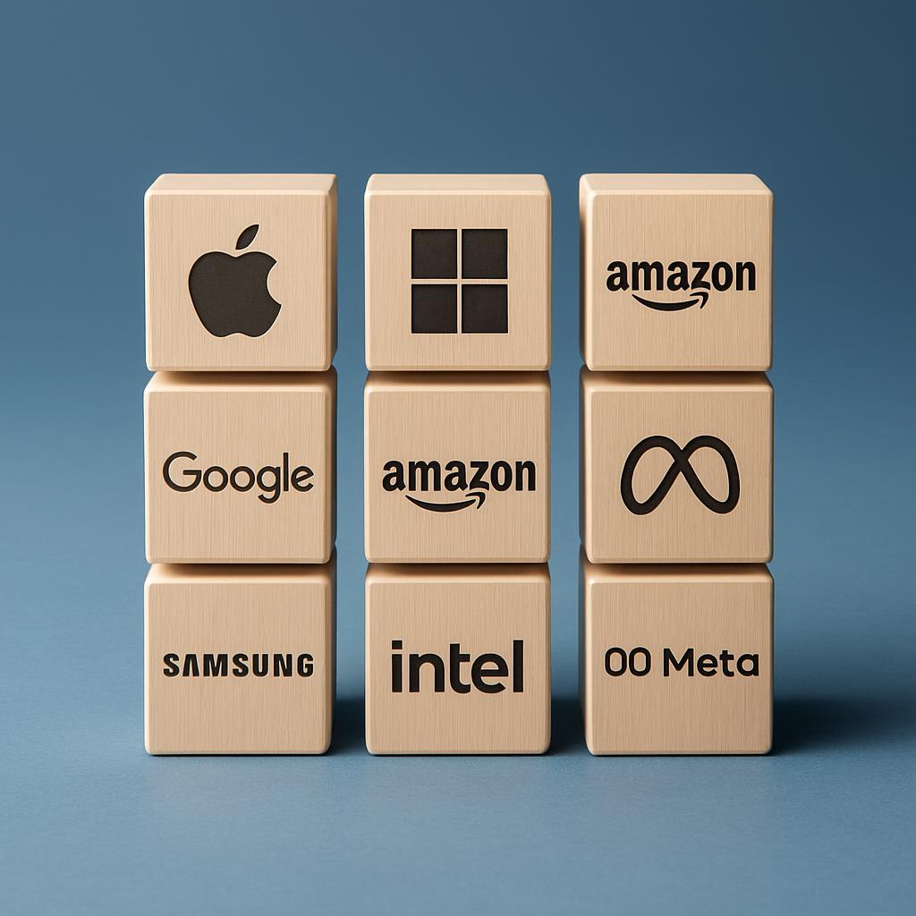 Big tech company logos stacked on wooden blocks against a blue background.