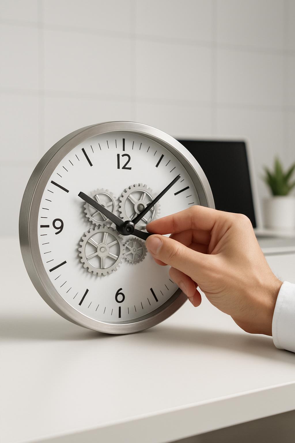 The clock, propelled by its mechanical springs, silently ticks away, its round face featuring a sleek silver frame and bla...