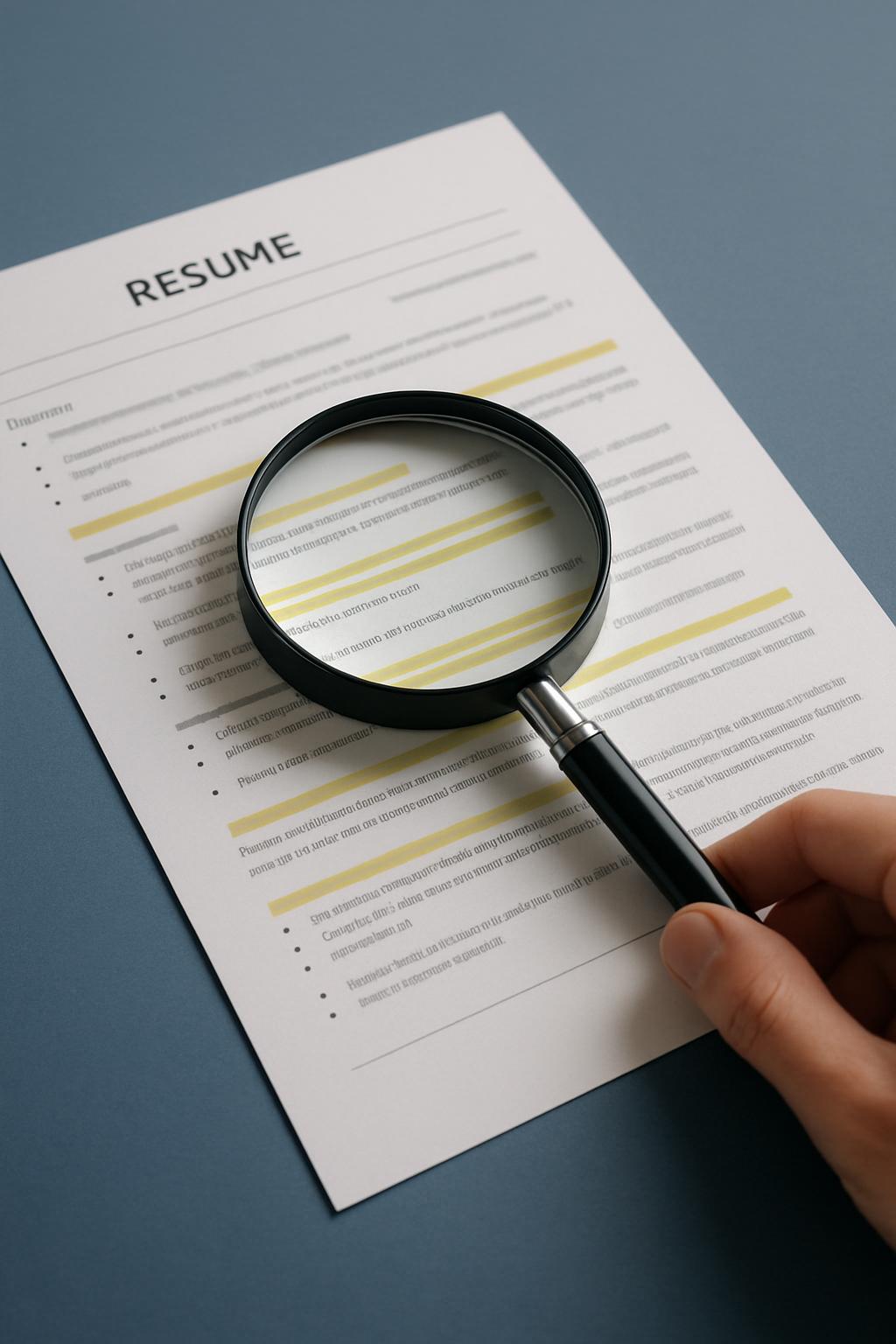 Resume document with a magnifying glass over it.